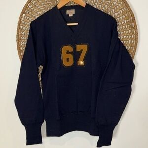 1940s O’Shea Wool Varsity Sweater, Small navy blue and gold with number 67